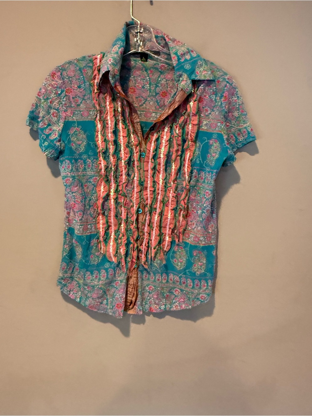 Turquoise Paisley Ruffle-Front Button Down Shirt lg